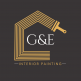 High-quality interior house painting logo featuring a paint roller integrated into a stylized house outline, with elegant white G&E text and gold accents, representing professional interior painting services in Portstewart.