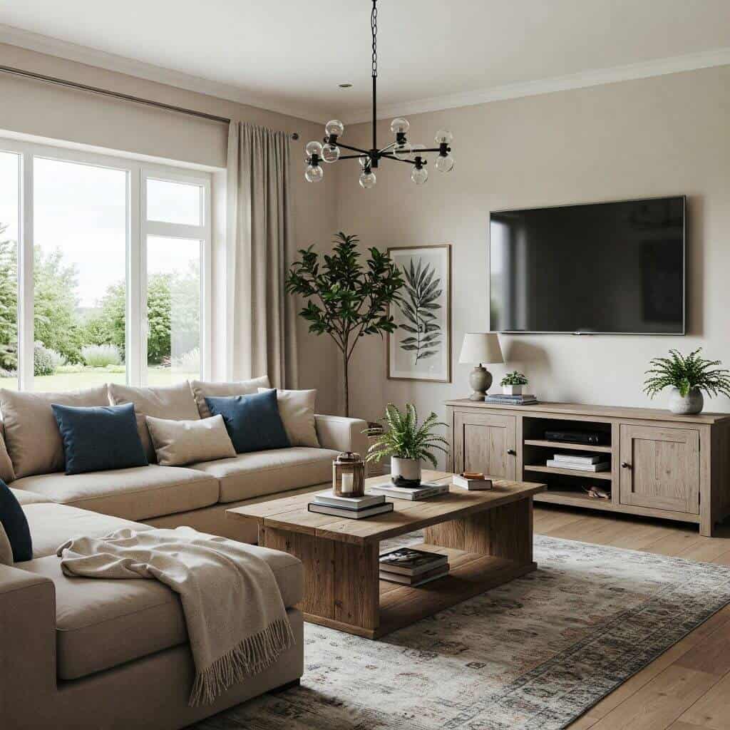 Modern living room interior with neutral walls, wooden furniture, wall-mounted TV, and decorative plants, showcasing expert interior painting services in Portstewart.